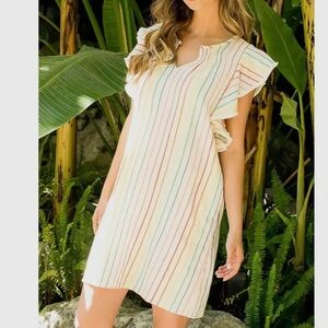 THML RAINBOW STRIPED FLUTTER SLEEVE MINI DRESS SMALL NEW WITH TAGS
